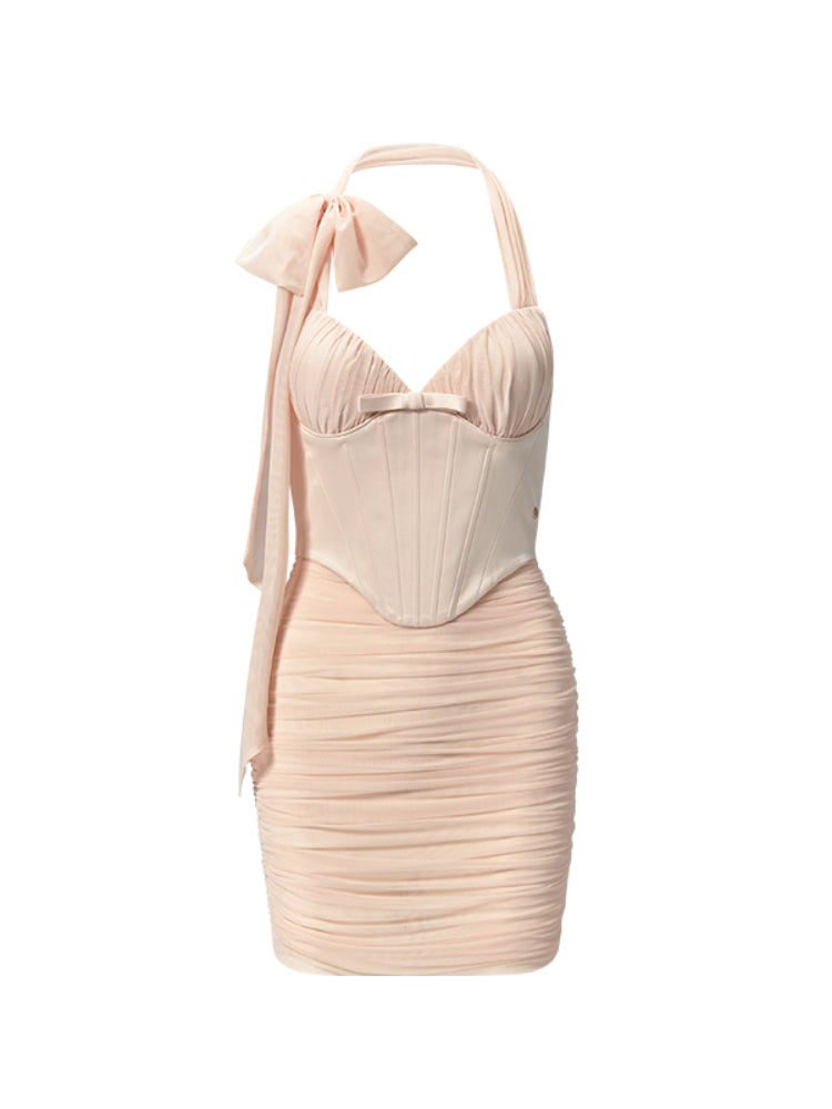 Bow Tie Ruched Fishbone Waist Cinch Dress