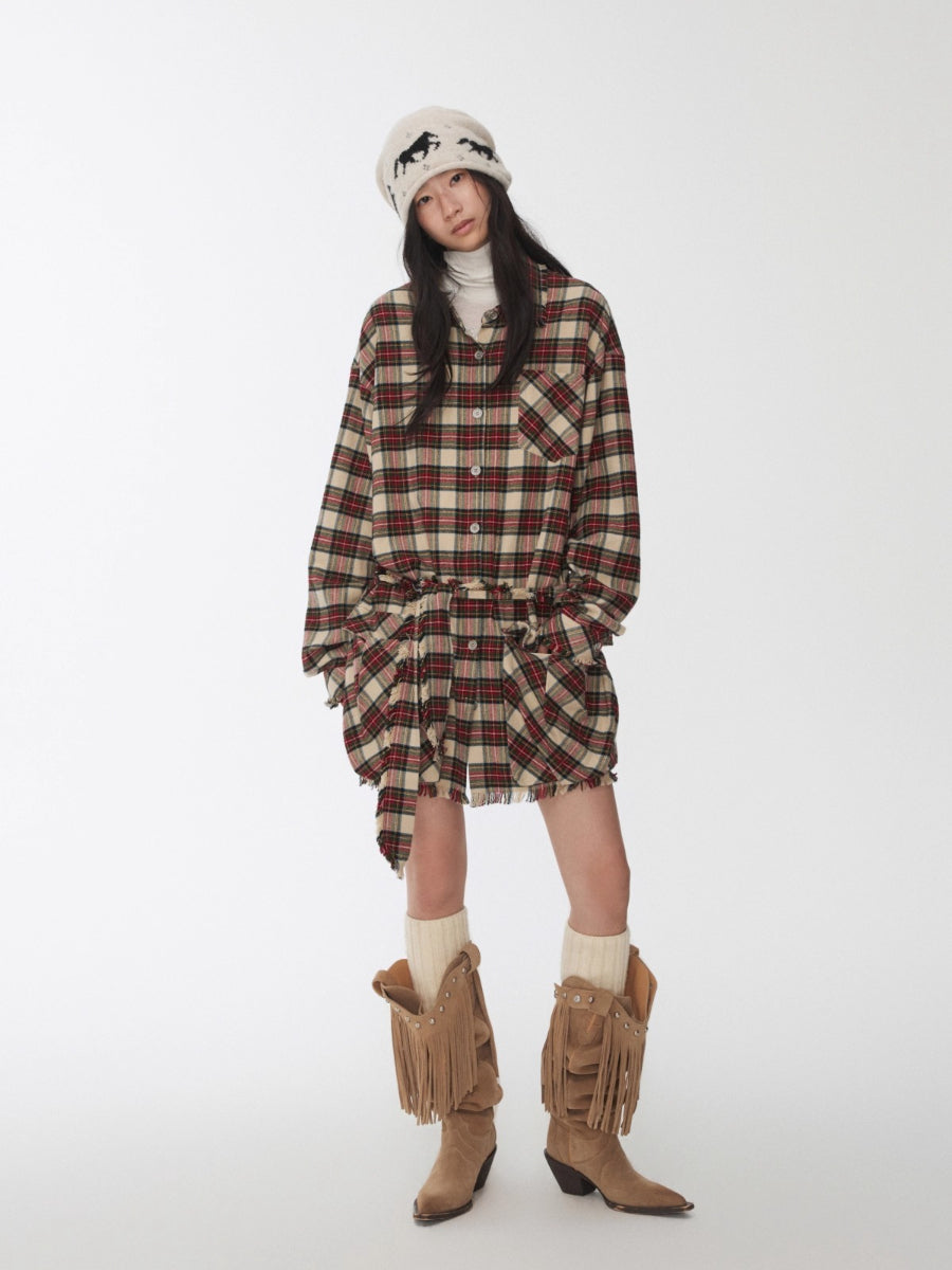 Vintage Red Plaid Frayed-Edge Utility Shirt Dress