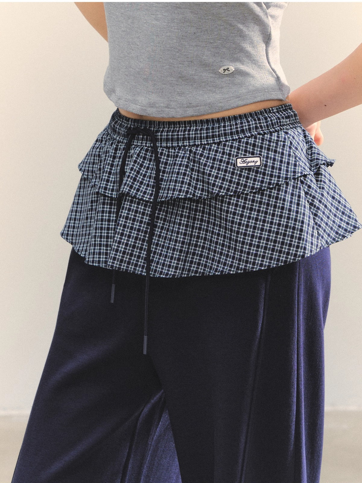 Plaid Ruffle Drawstring Pleated Shirt & Sweatpants Set