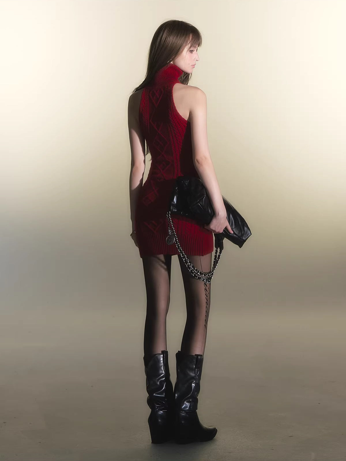 Red Fitted Halter Knit Dress