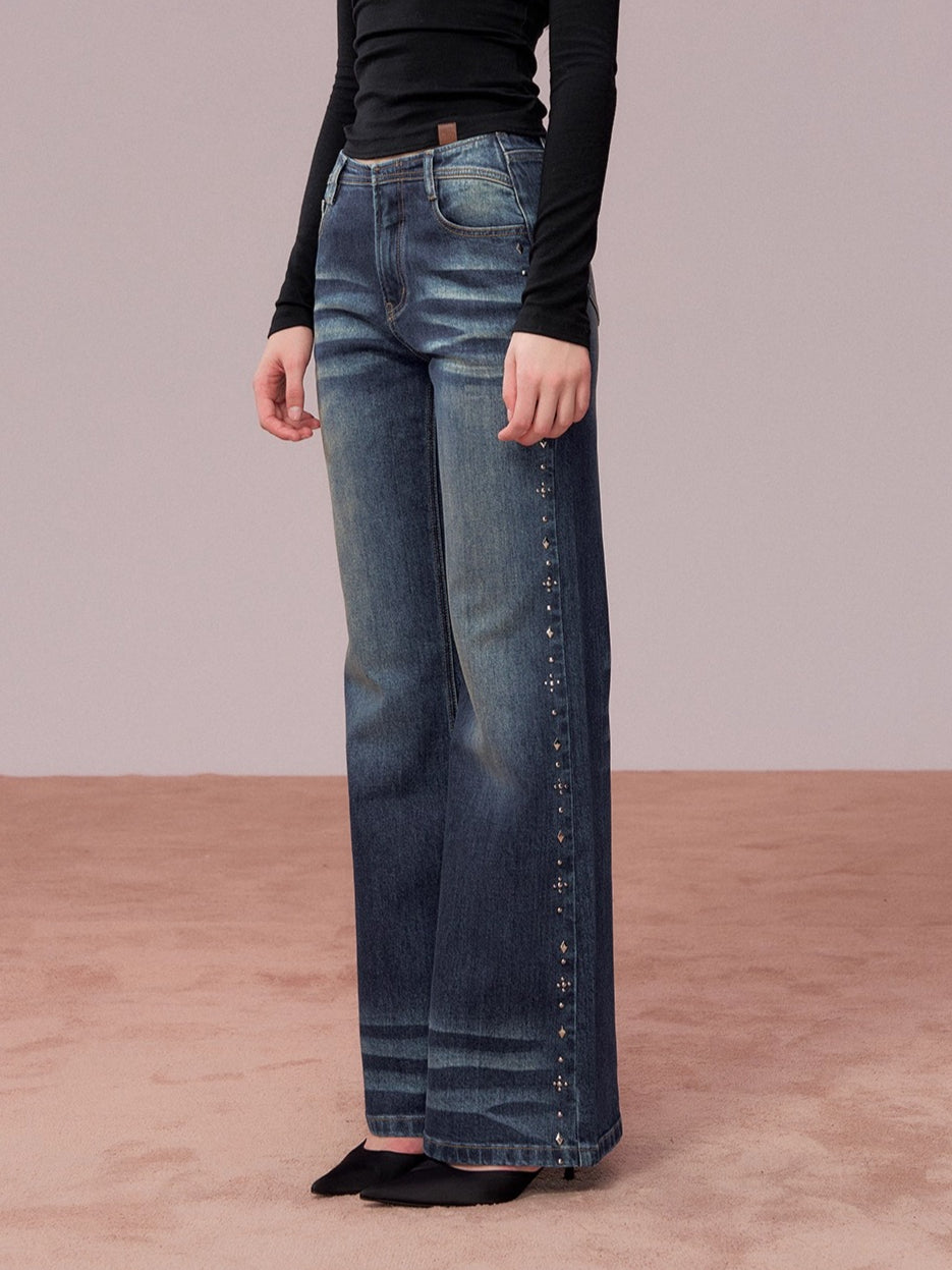 Studded Wash Straight-Leg Jeans