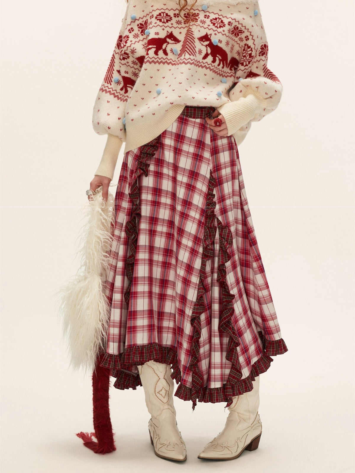 Asymmetric Ruffle Plaid Midi Skirt
