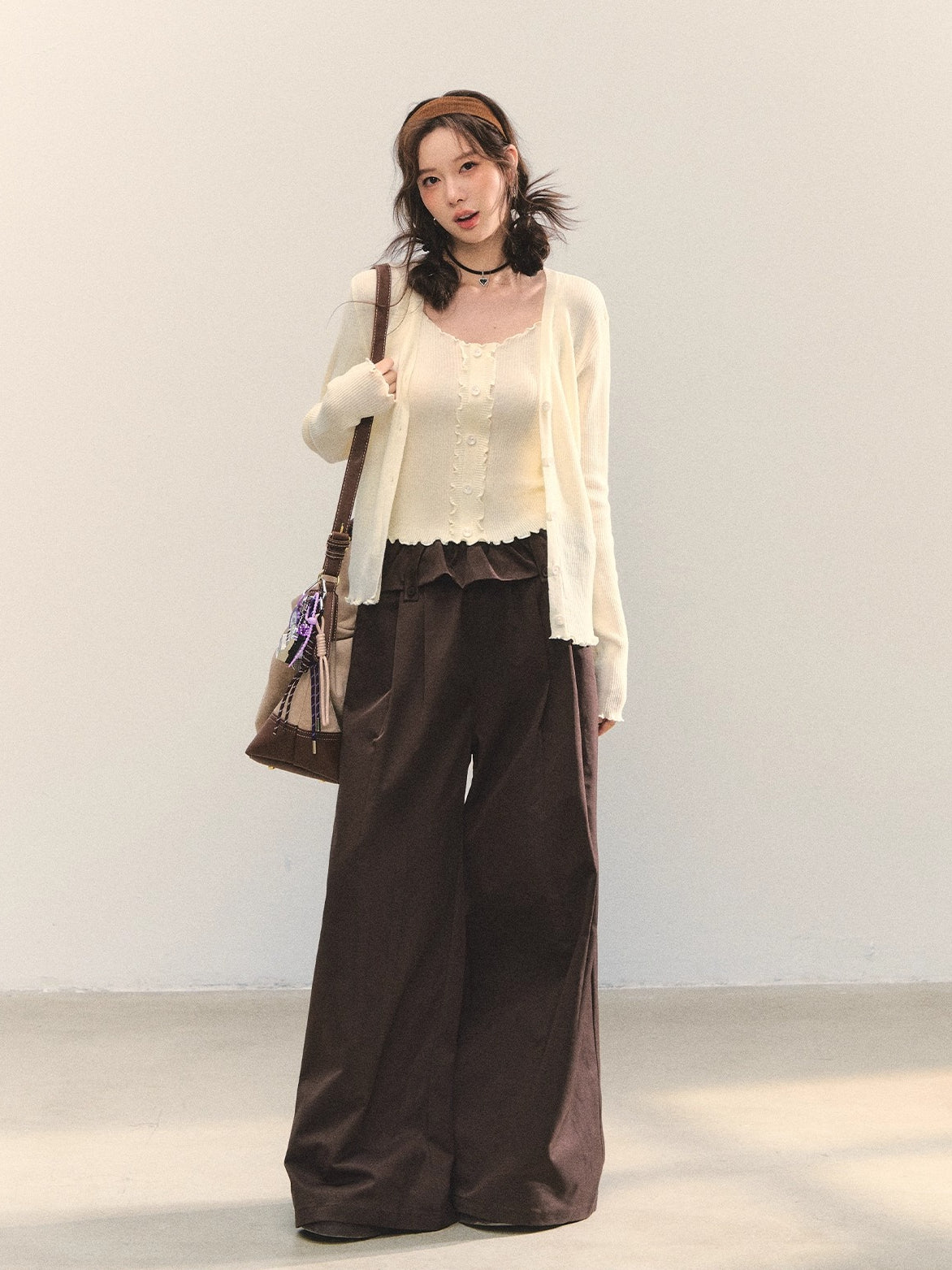 Brown & Black Fold-Waist Balloon Pants