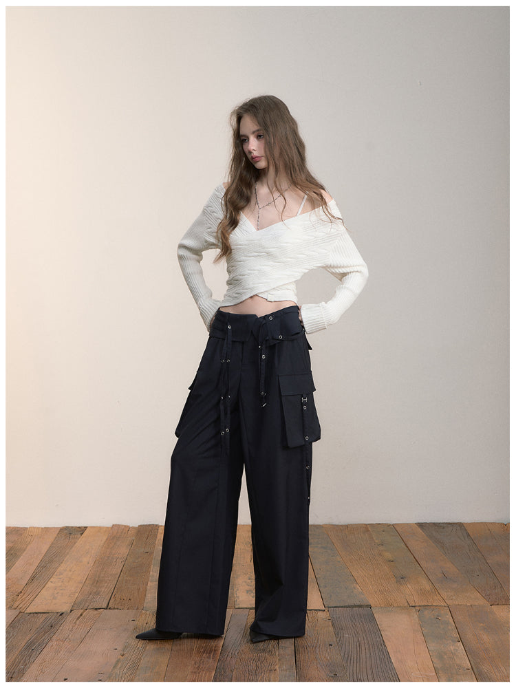 Folded Waist Three-Dimensional Pocket Casual Pants