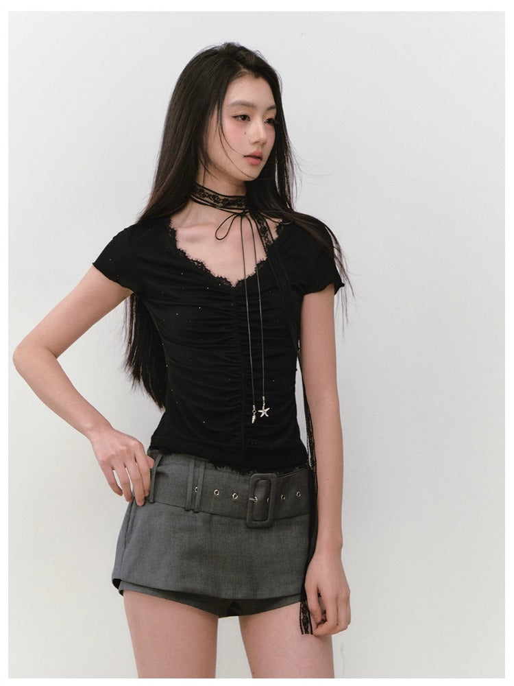 Acetate Lace Backless Beaded Short-sleeve T-shirt