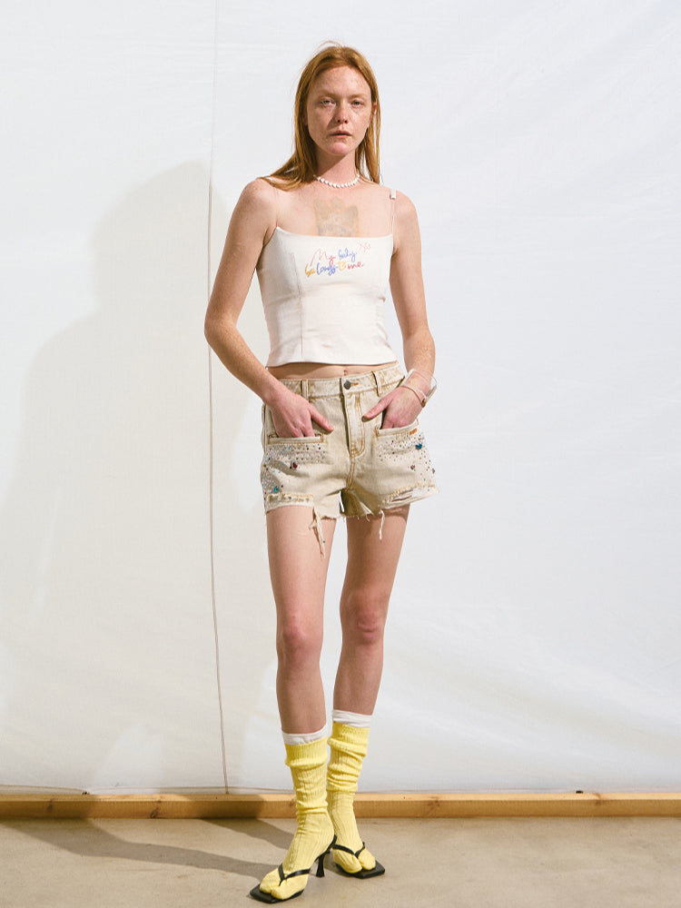 Embroidered Gradient Rhinestone Casual Shorts