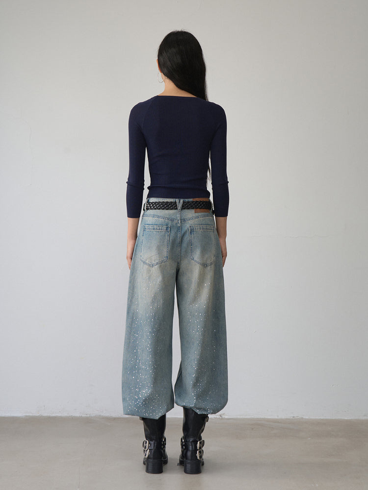 Rhinestone Heart Wings Slim Long-sleeved T-shirt