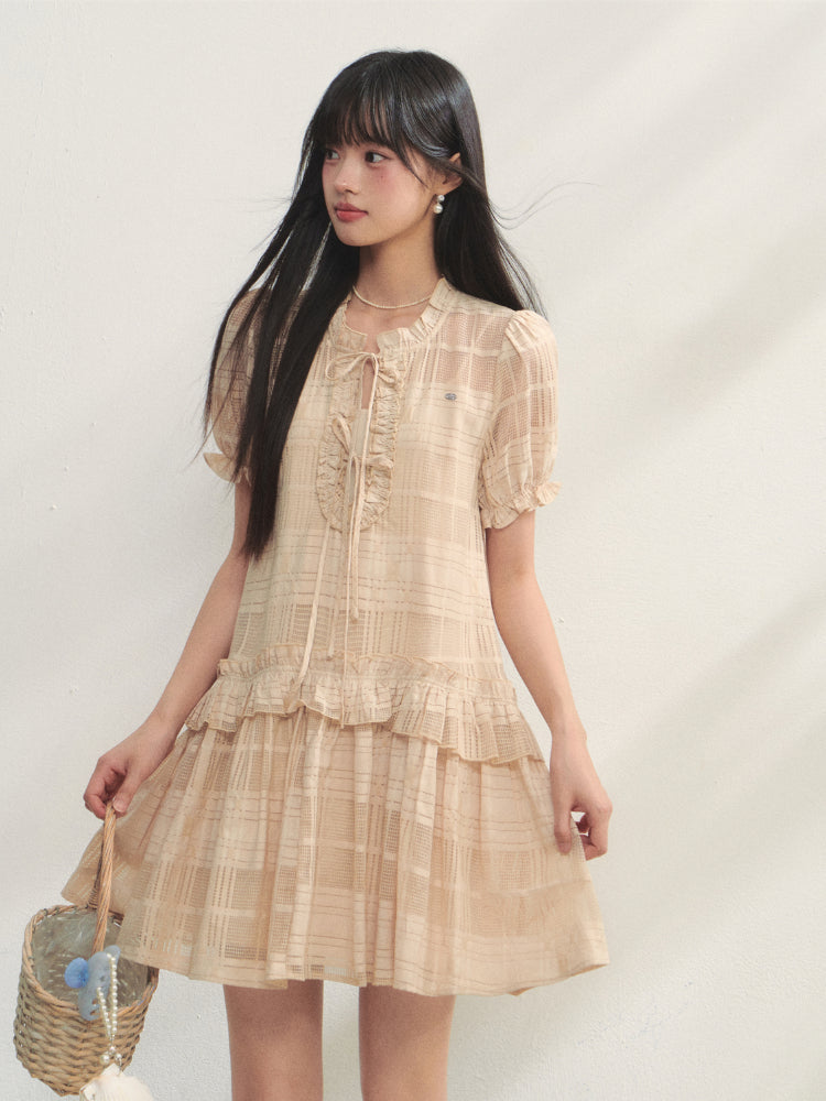 Checkered Hollow-Out Ruffled Dress Set