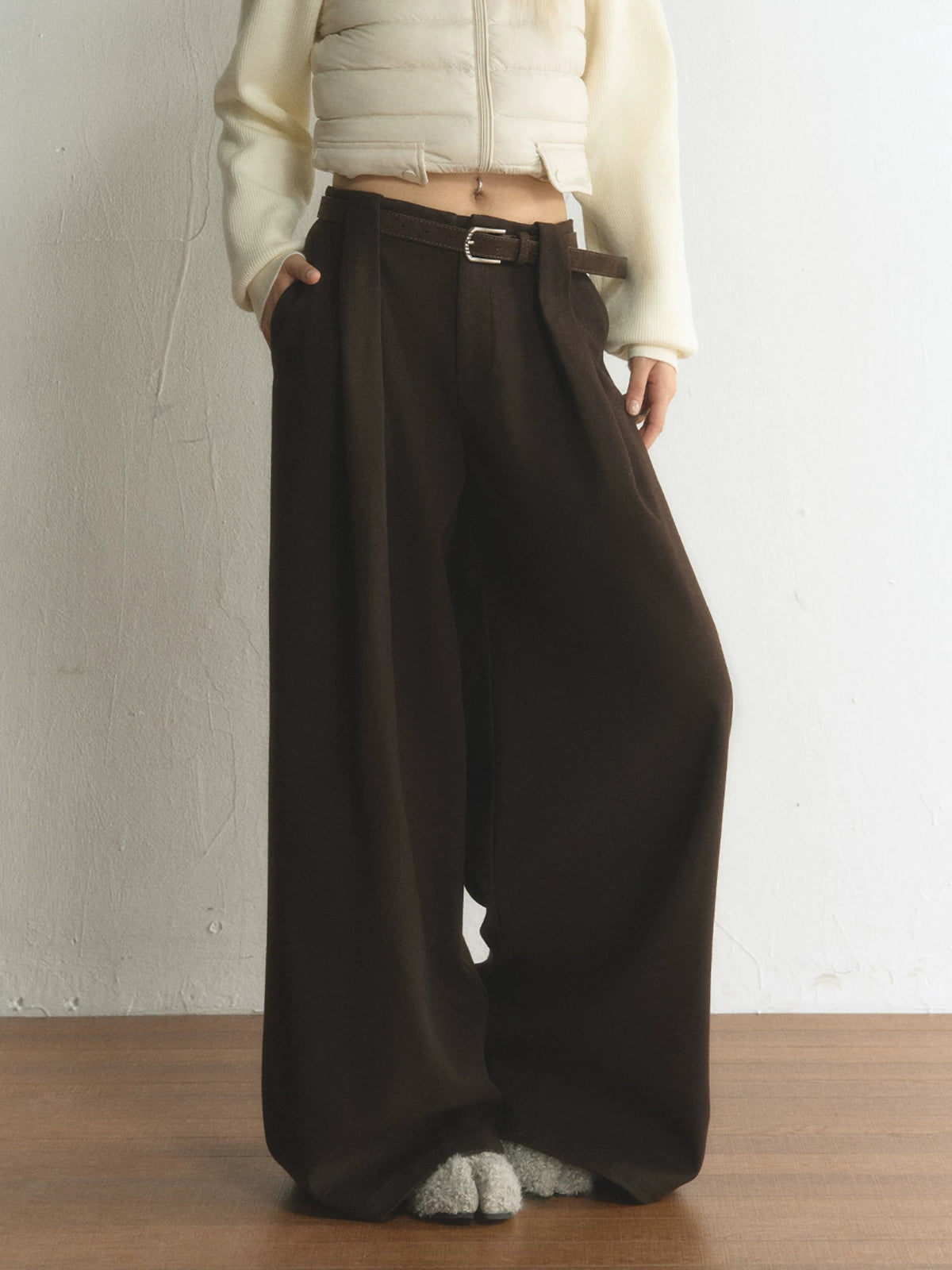 Vintage Belted Pleated Wide-Leg Pants
