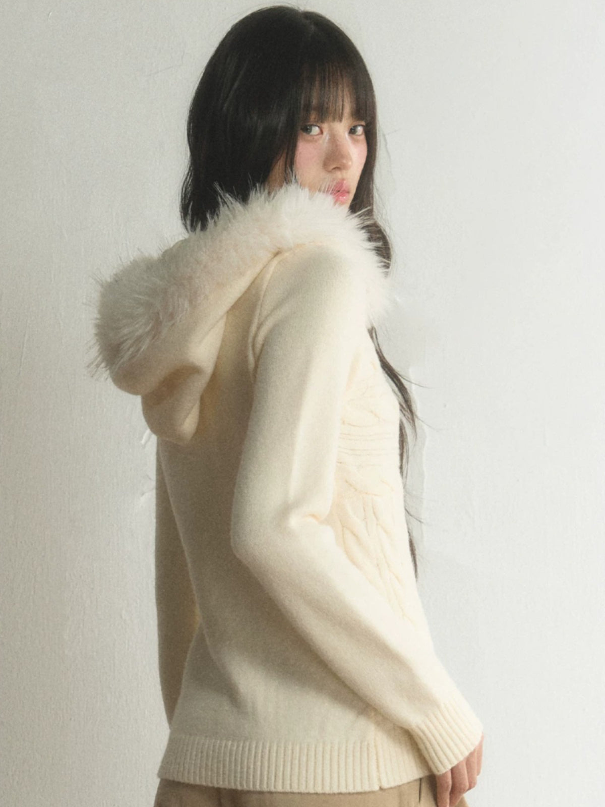 Fur-Trimmed Hooded Toggle Cable-Knit Sweater