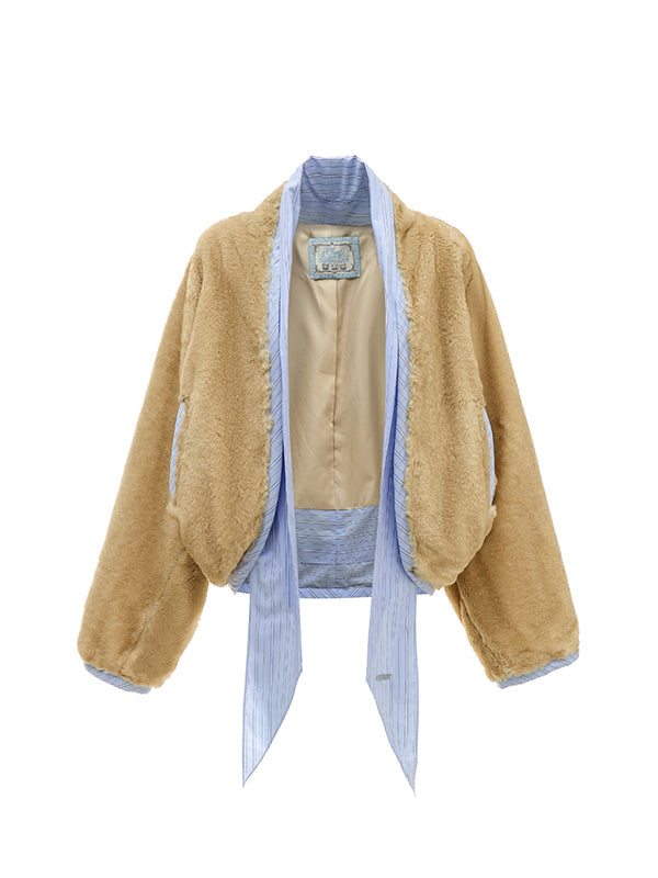 Short Color-Block Rabbit Fur Tie Jacket
