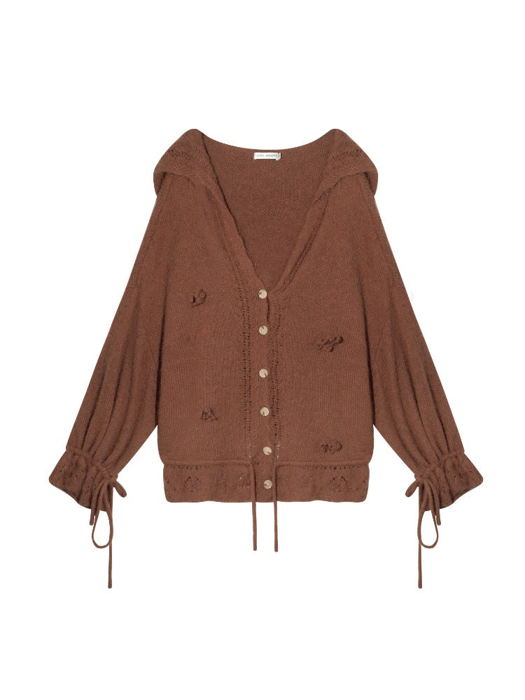 V-Neck Floral Tie Wool-Blend Knit Cardigan