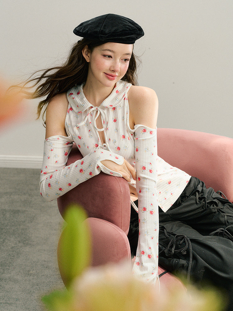 Black & White Off-Shoulder Tie-Back Knit Cardigan