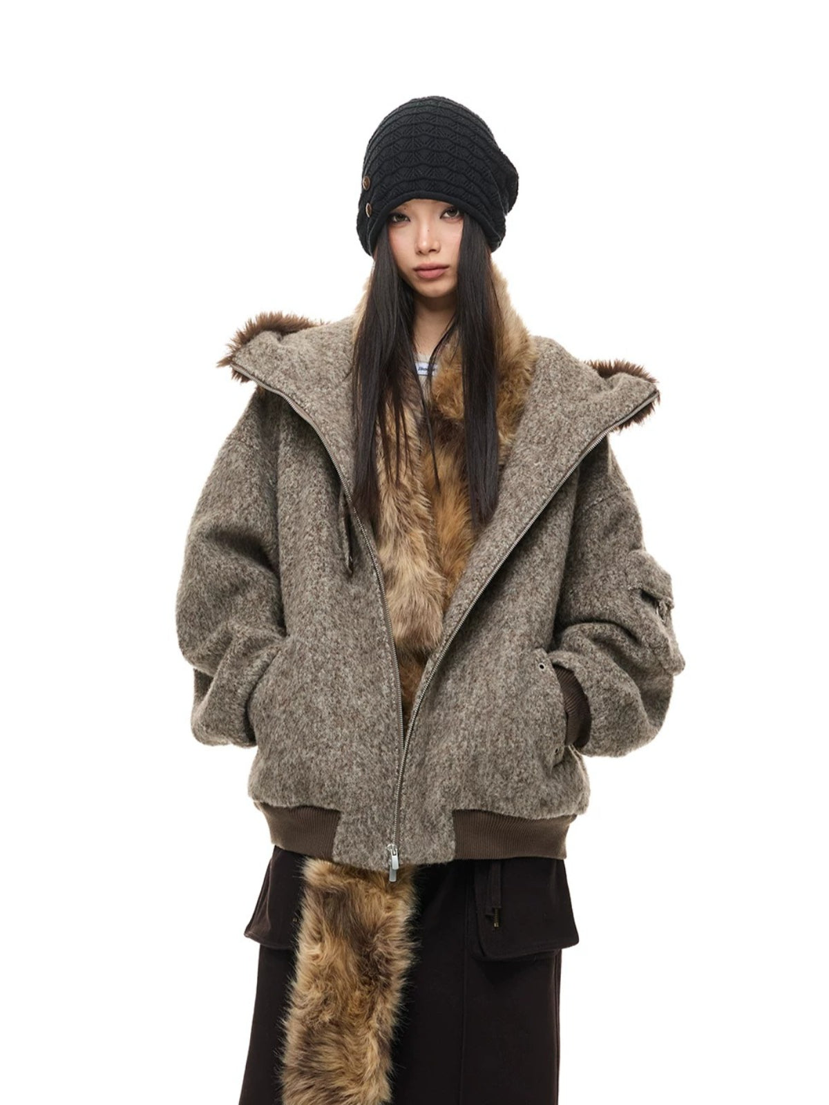 Fur Collar Hooded Wool Coat