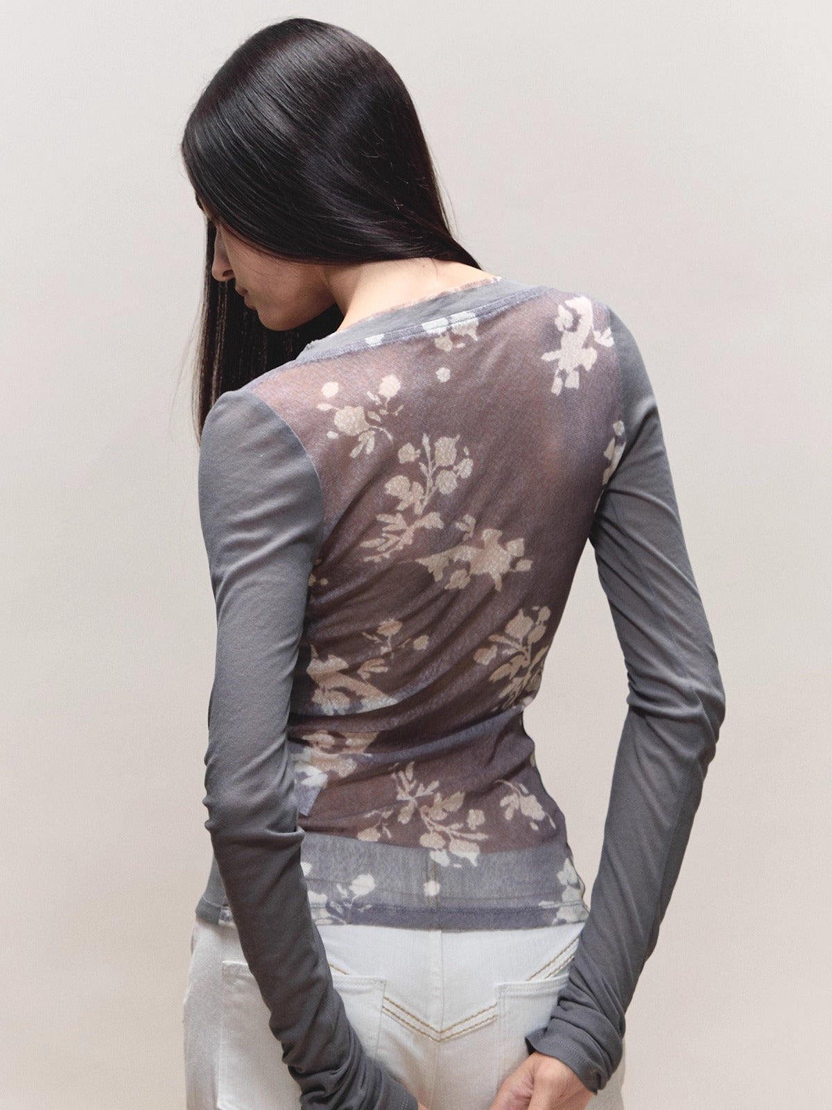 Sheer Print Open-Back Knit Top