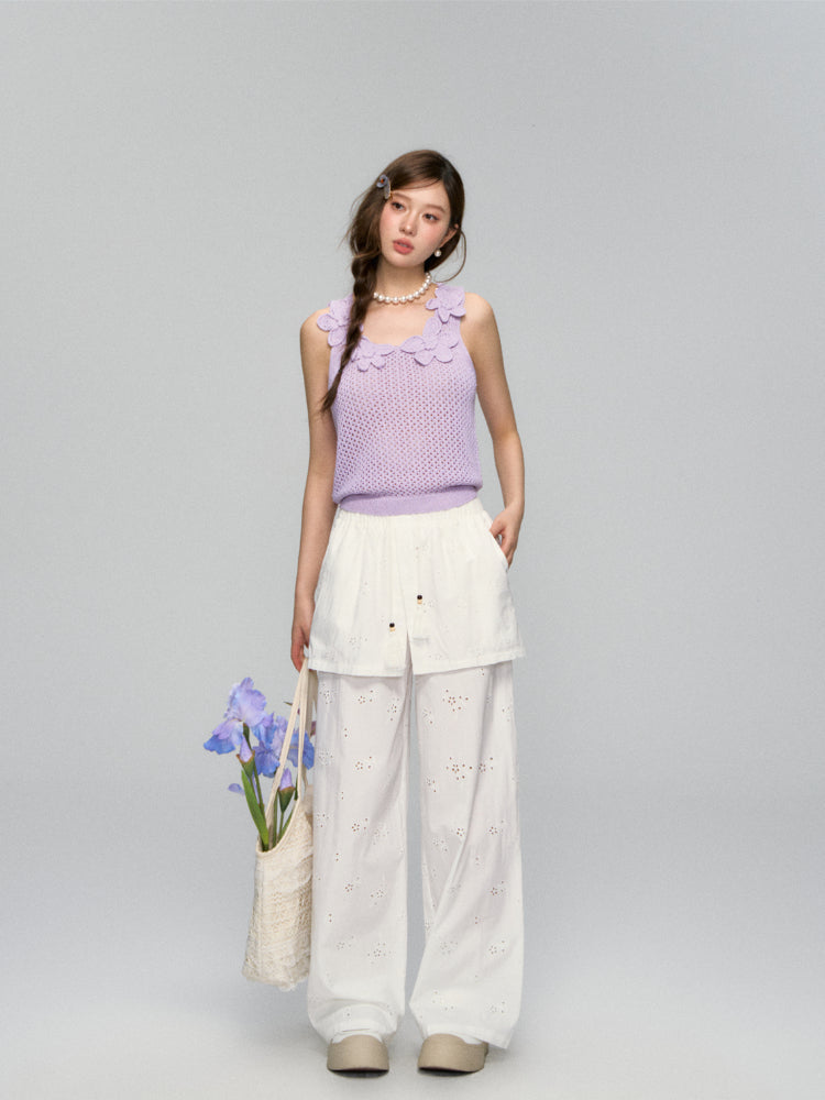 Hollow-Out Fauk Two Piece High-Waist Pants