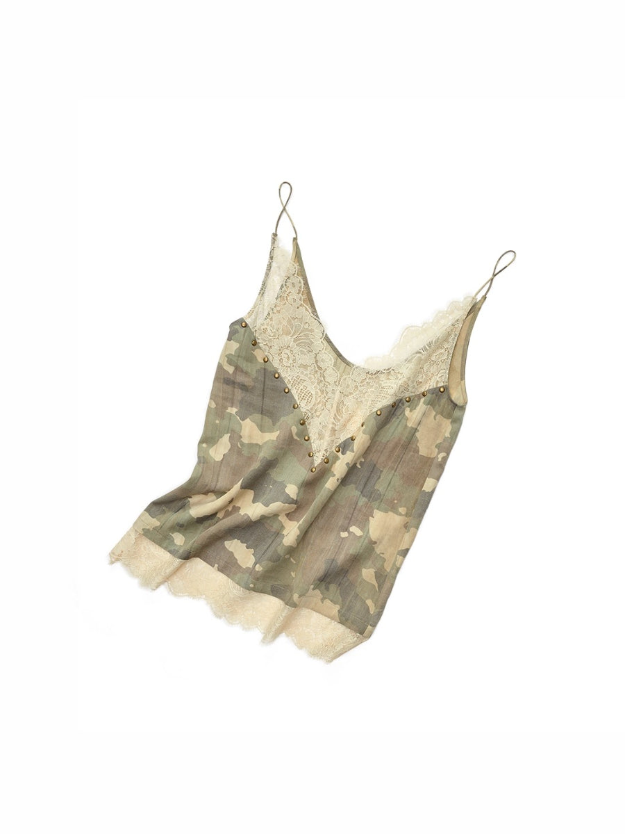 Camouflage V-Neck Lace Rhinestone Cami Top