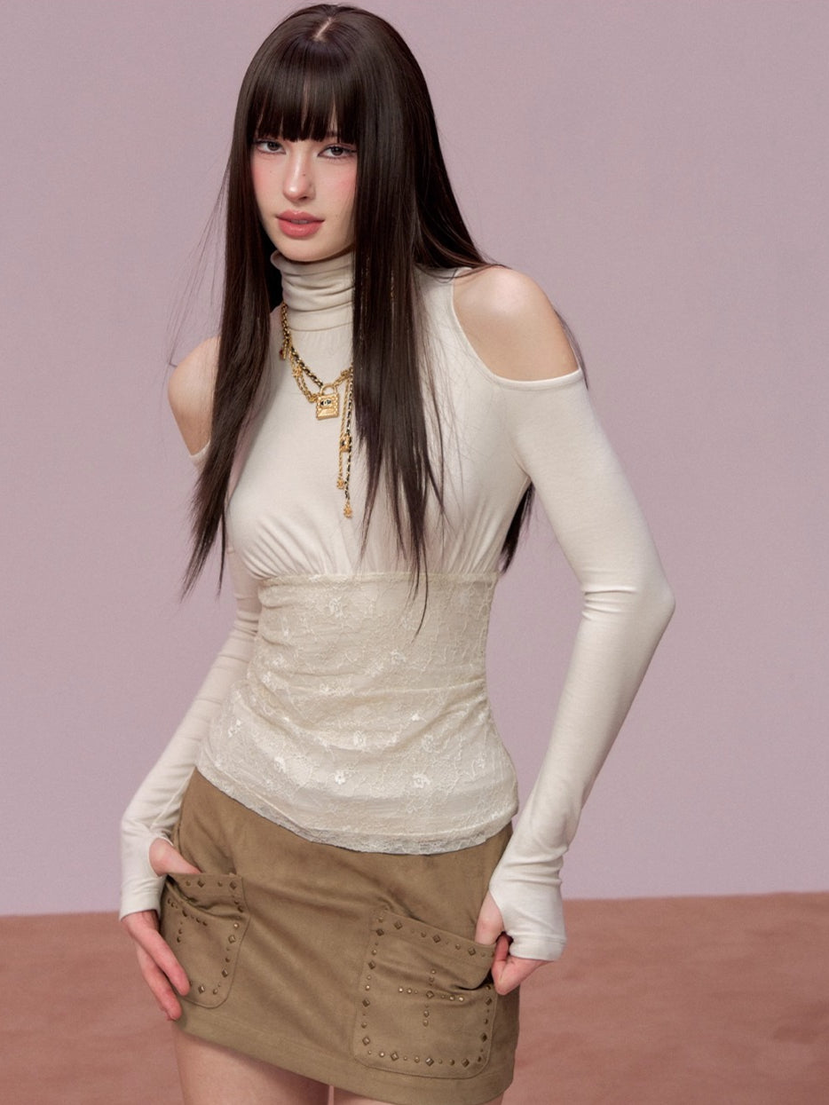 Lace Cold-Shoulder High Neck Long Sleeve Top