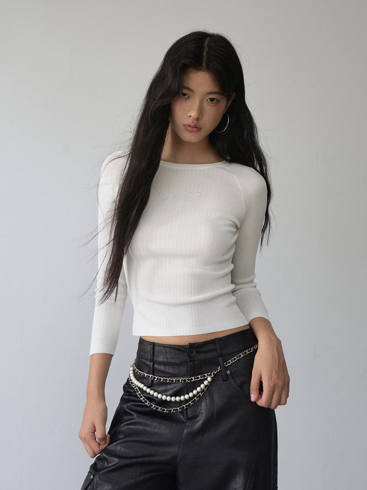 Rhinestone Heart Wings Slim Long-sleeved T-shirt