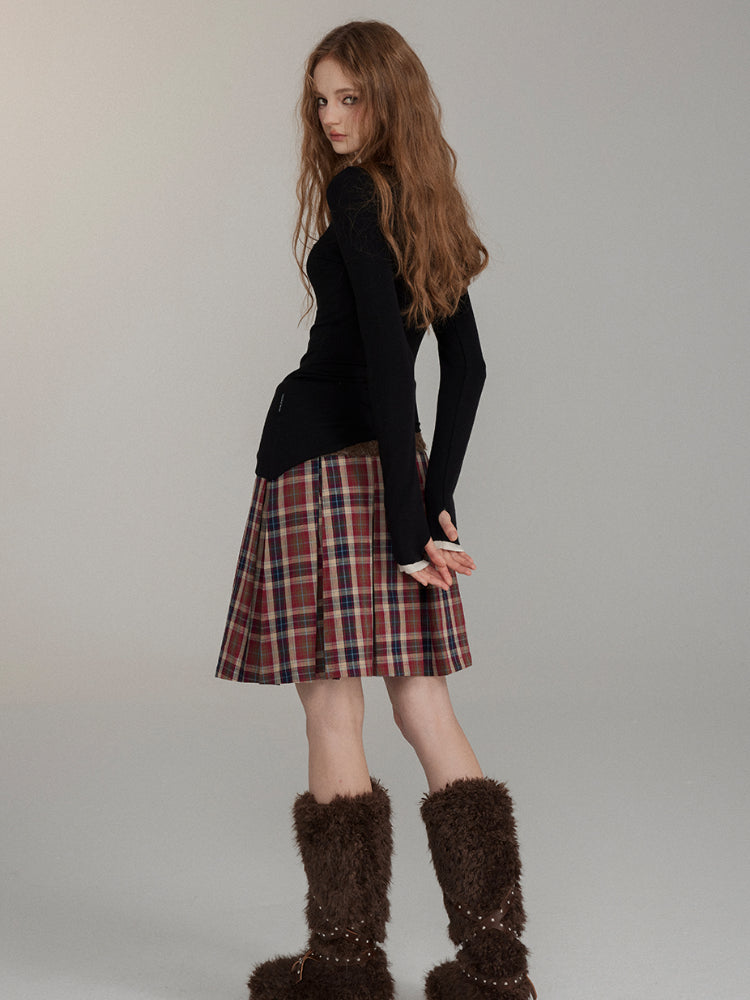 Patchwork Button Wool Pleated Skirt