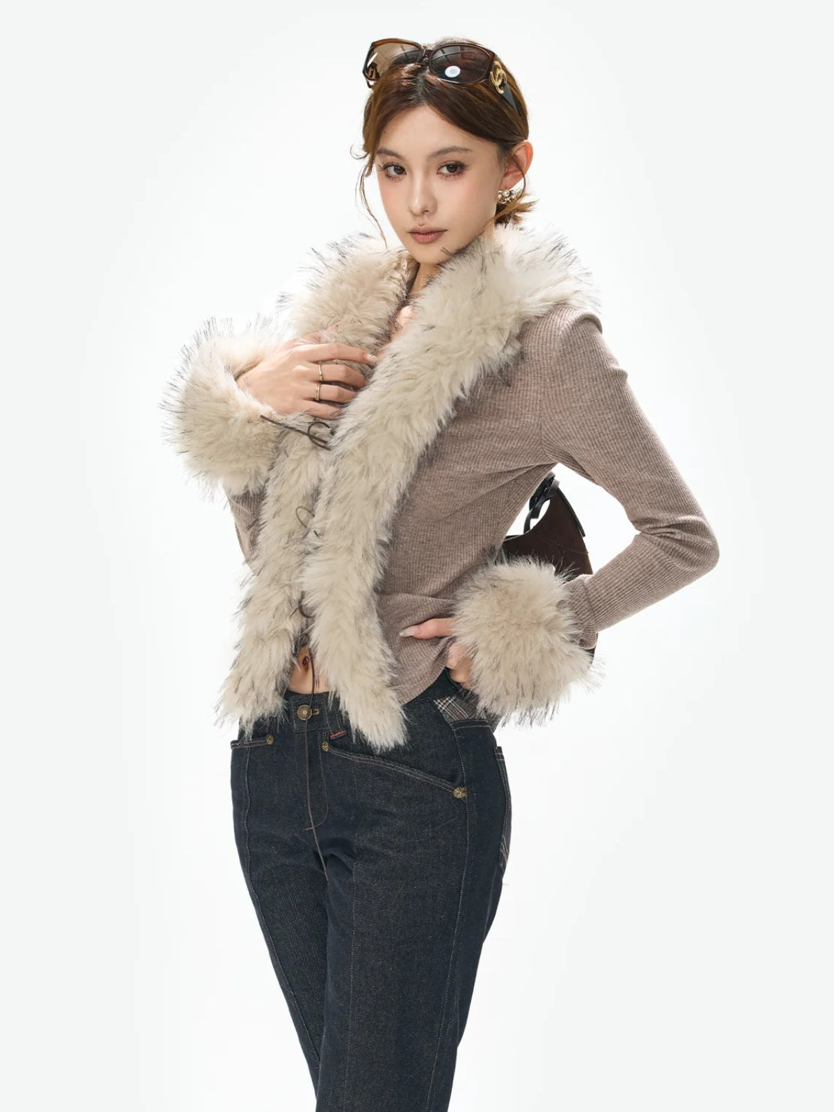 Faux Fur Collar Knit Cardigan Top