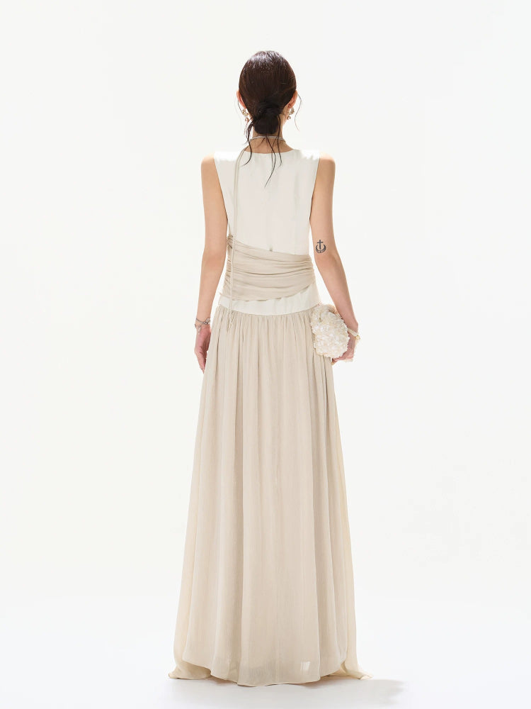 Contrast Pleated Satin Maxi Dress