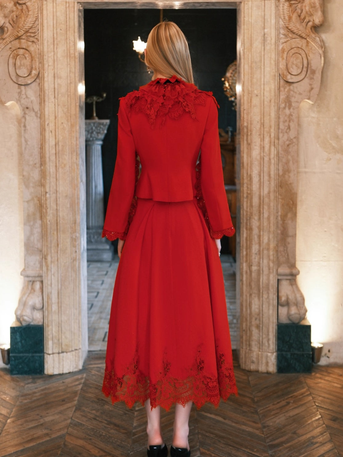 Mirage Vintage Lace-Collar Blazer & Flared Skirt Set