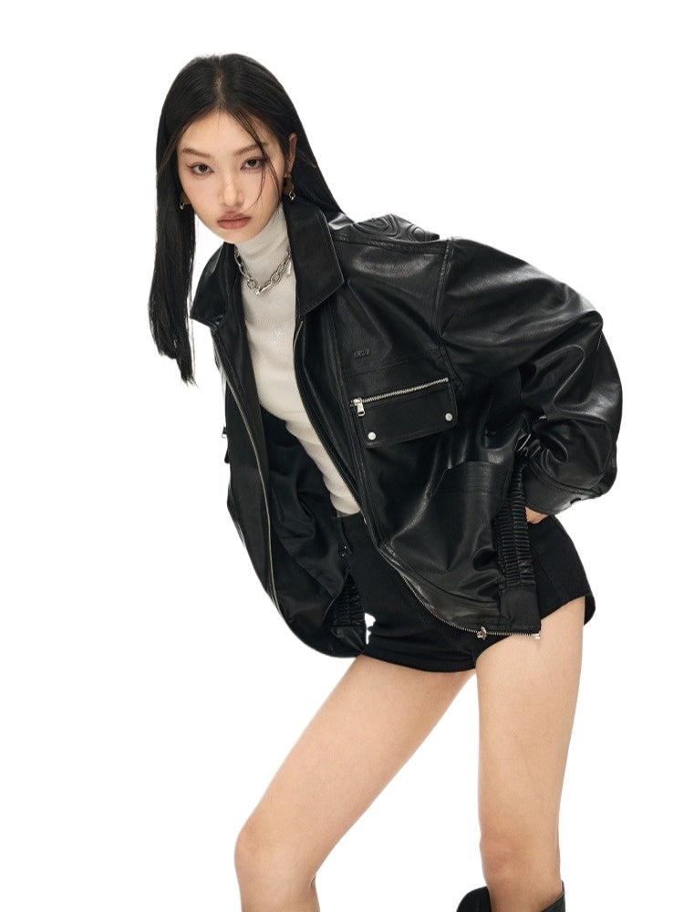 Black & White Vintage Silhouette Collar Moto Jacket