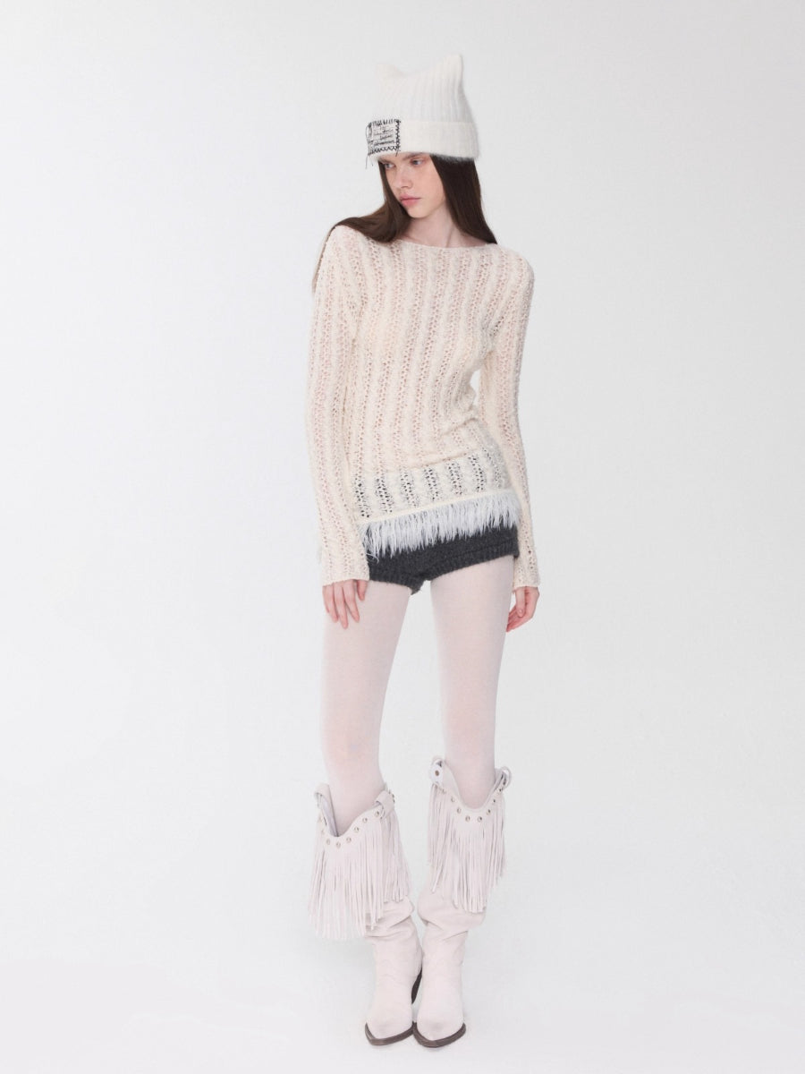 Cable Knit Faux-Fur Trim Fitted Sweater