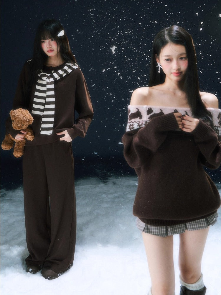 Brown Fair Isle Off-shoulder Sweater & Skirt Set