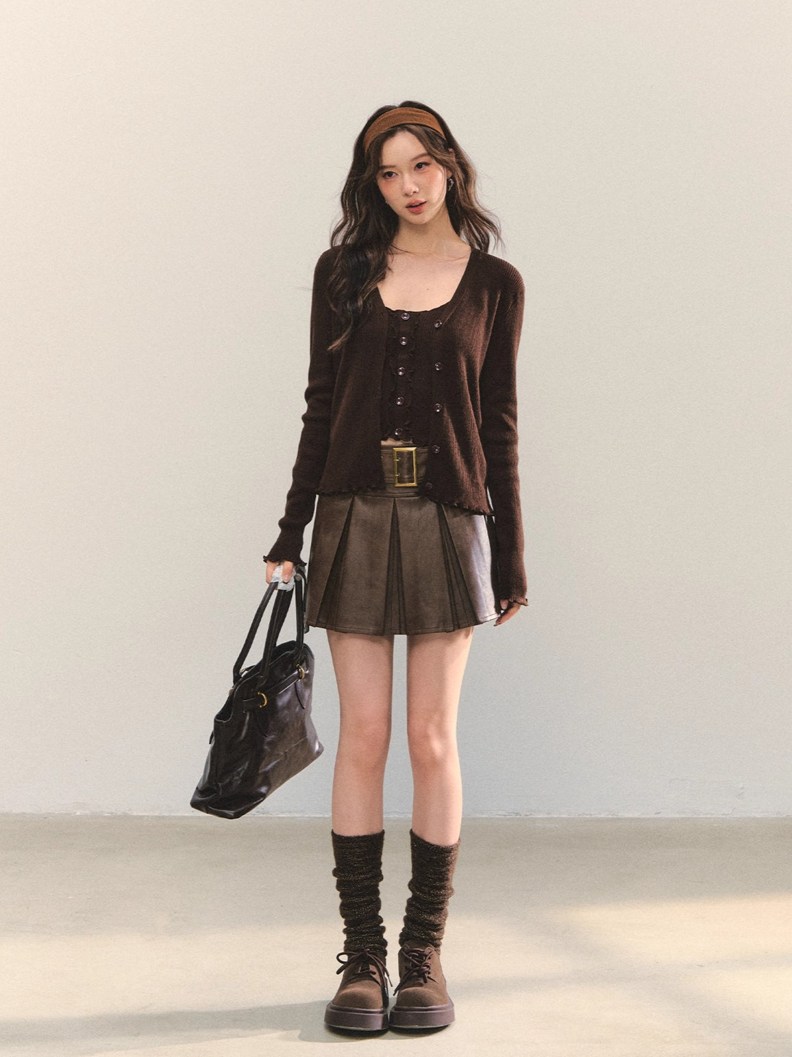 Brown A-Line Belted Pleated PU Leather Skirt