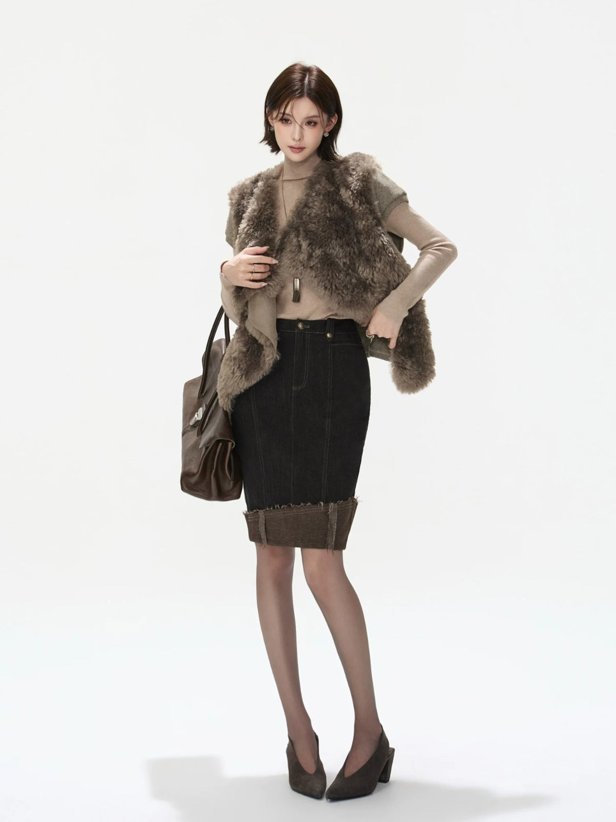 Asymmetric Lapel Curly Fleece Knit Vest