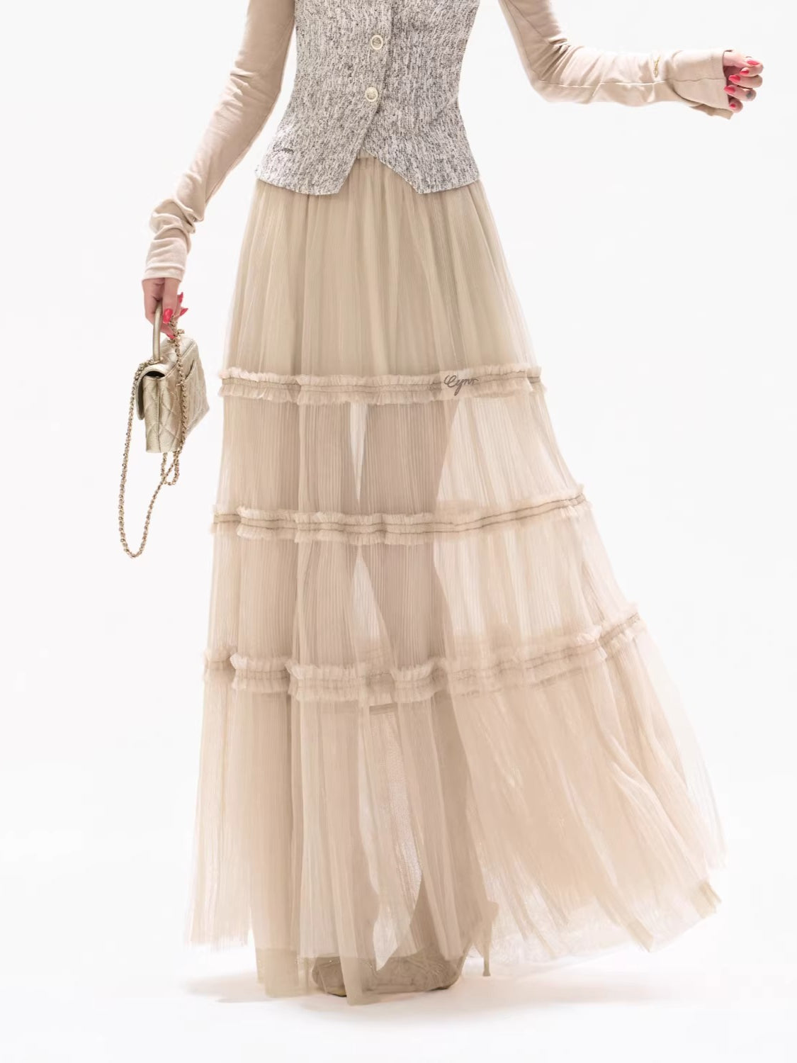 Champagne Pleated Mesh Skirt