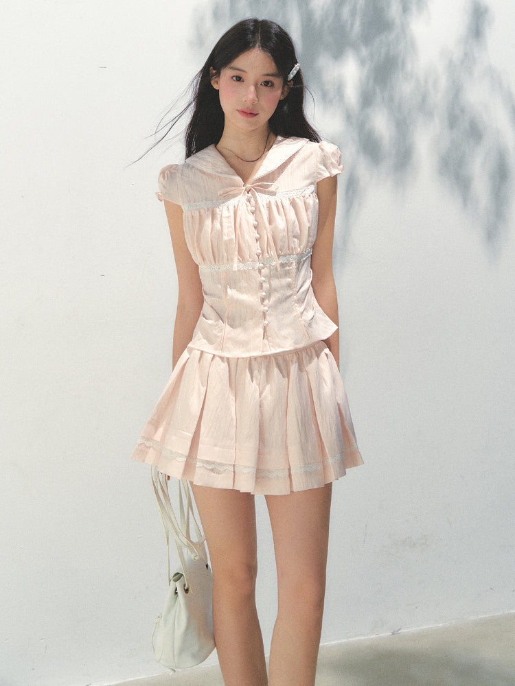 Navy Collar Lyocell Waist-cinching Shirt & Skirt Set