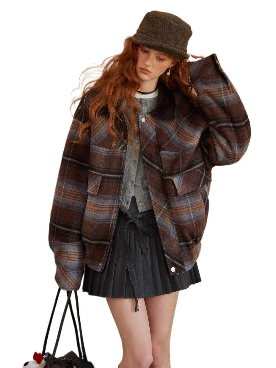 Plaid Wool-Blend Lapel Jacket