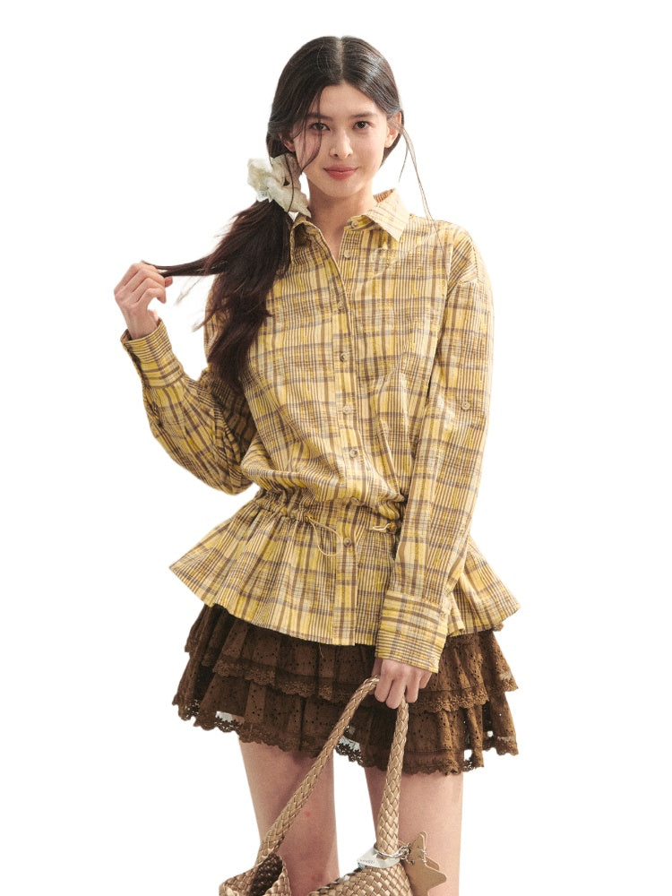 Ruffled Hem Waist-Cinching Checked Shirt