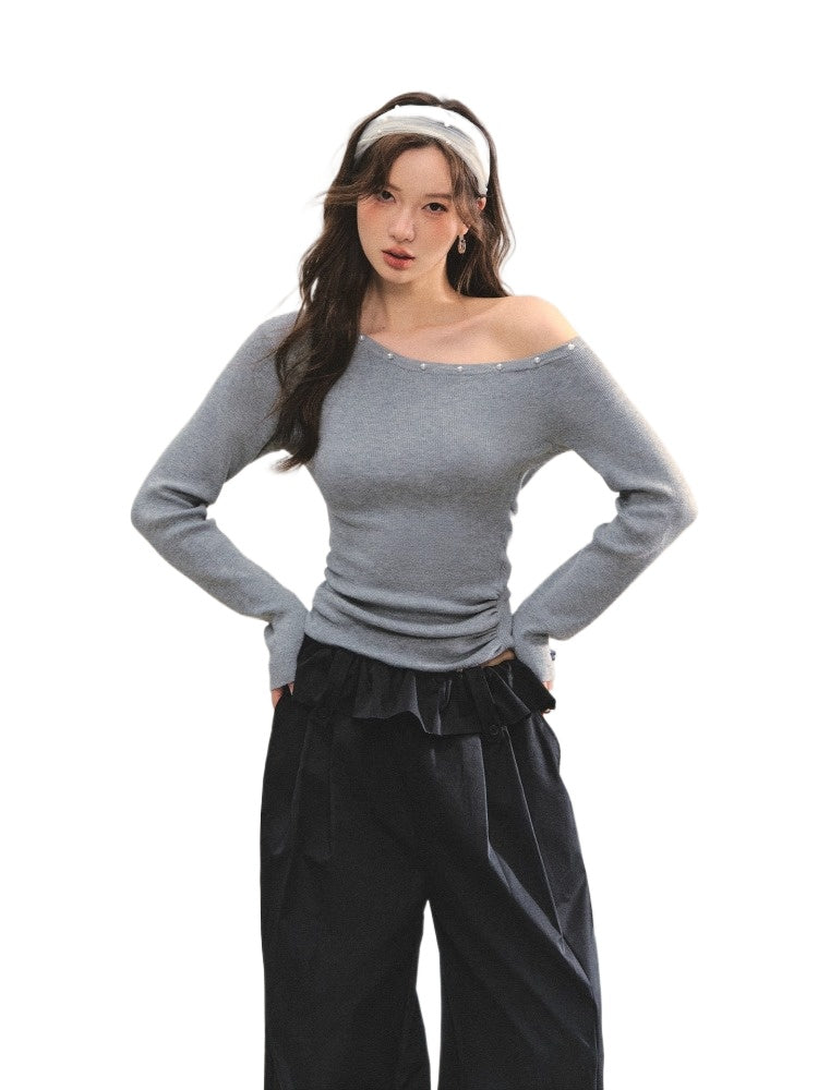 Pearl Trimmed Waist Cinching Knitted Top