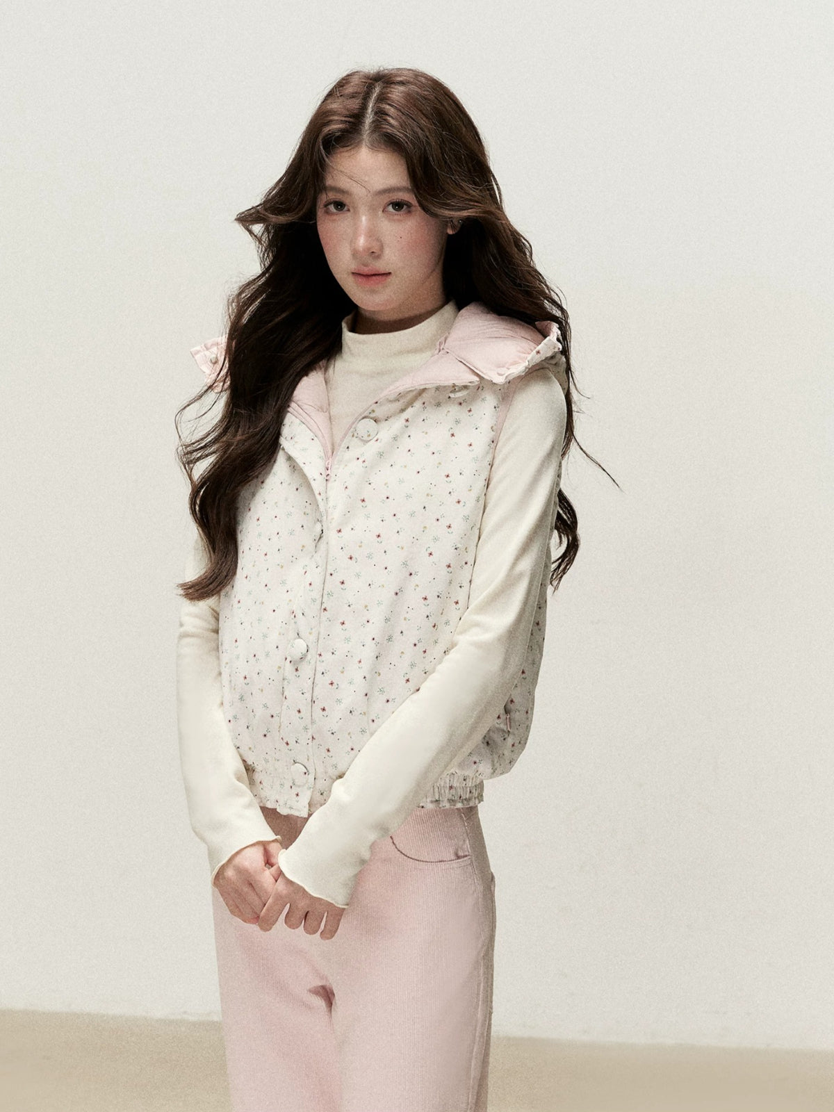 Reversible Floral Detachable Hood Down Vest
