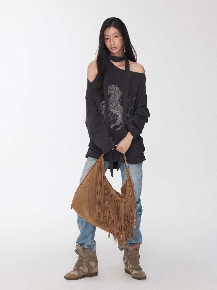 Rhinestone Graphic Off-Shoulder Tie Sweatshirt