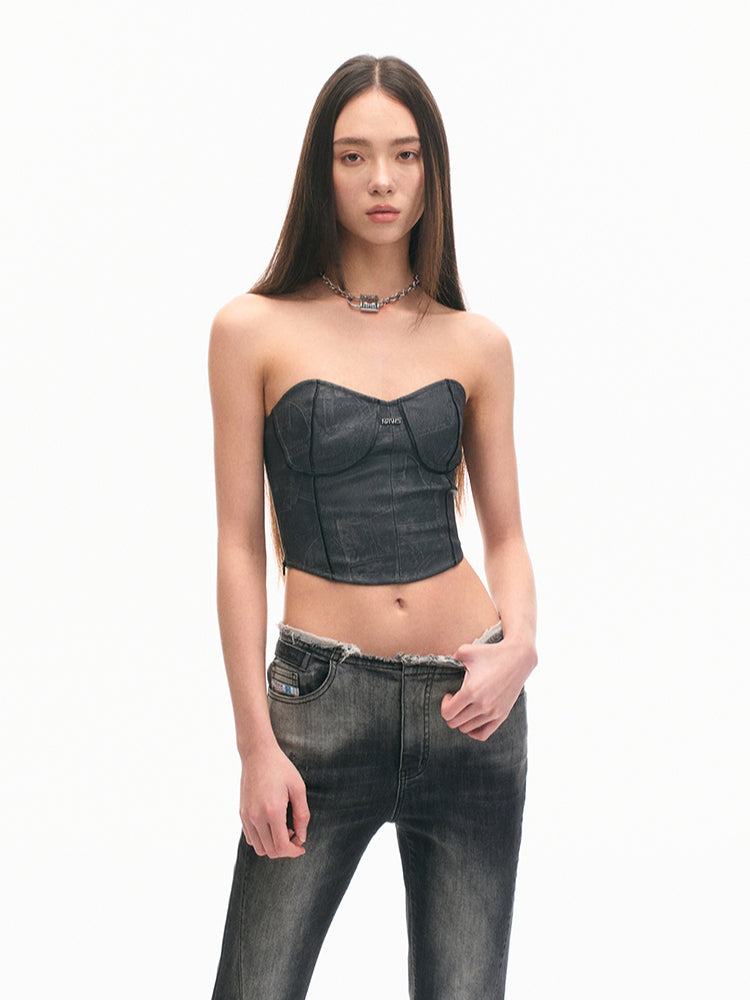 Gray Eco-leather Adjustable Fitted Bustier