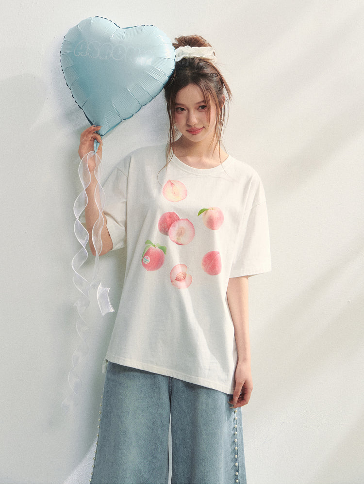 Fruit Print Lace-Trimmed Tie-Up T-shirt
