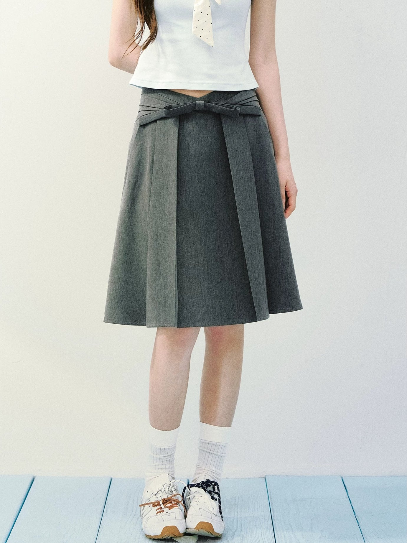 Gray Asym Pleat Midi Skirt