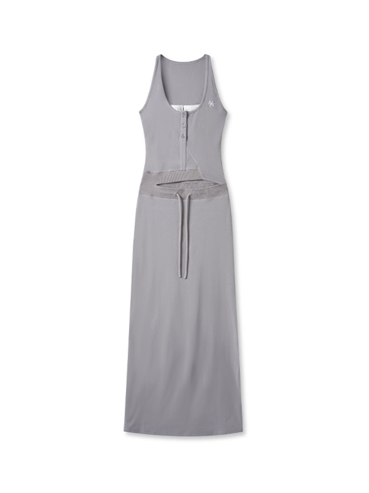 Contrast Color Fake Two-piece Waist Hollow Dress