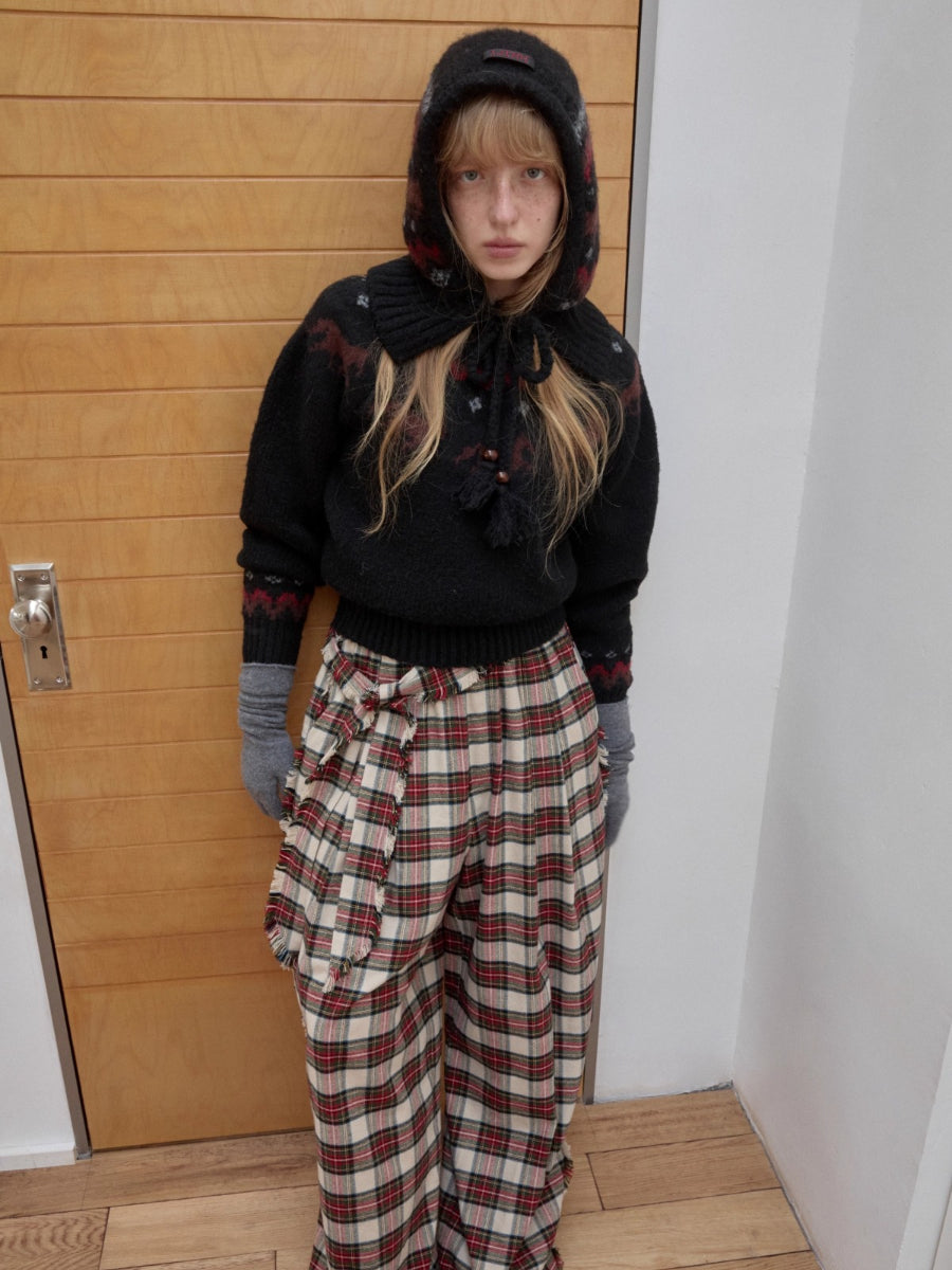 Vintage Red Plaid Brushed Cotton Wide-Leg Pants