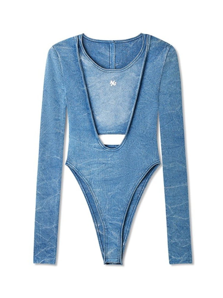 "Caracal Series" Washed Crinkle Denim Mesh Bodysuit