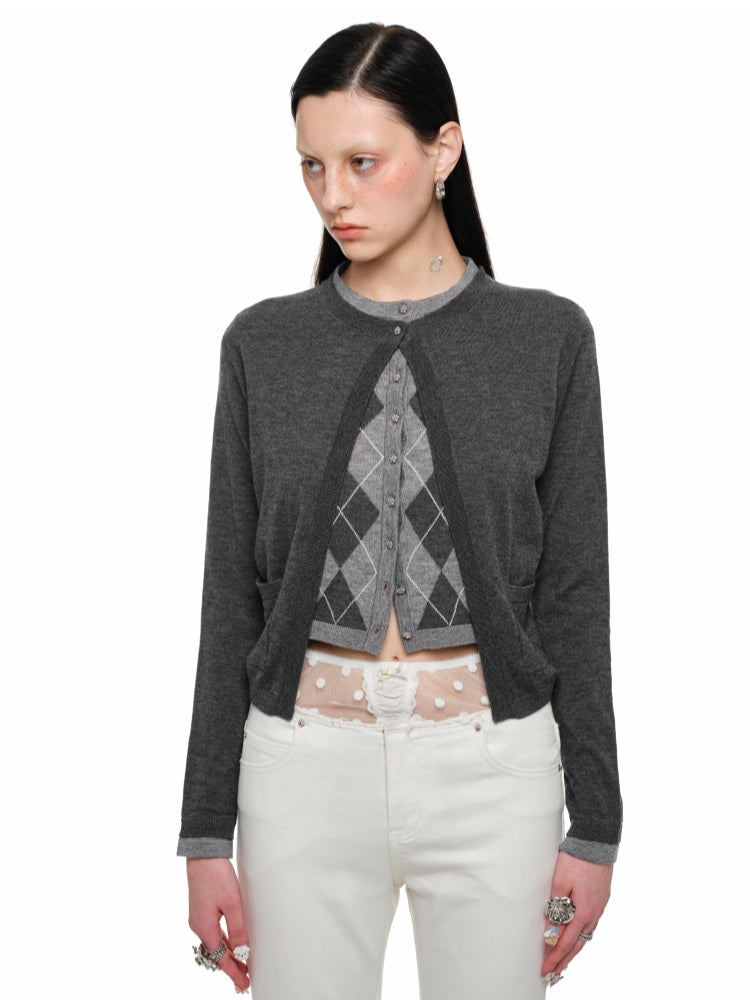 Diamond Pattern Fake Two-Piece Cardigan & Pant Set