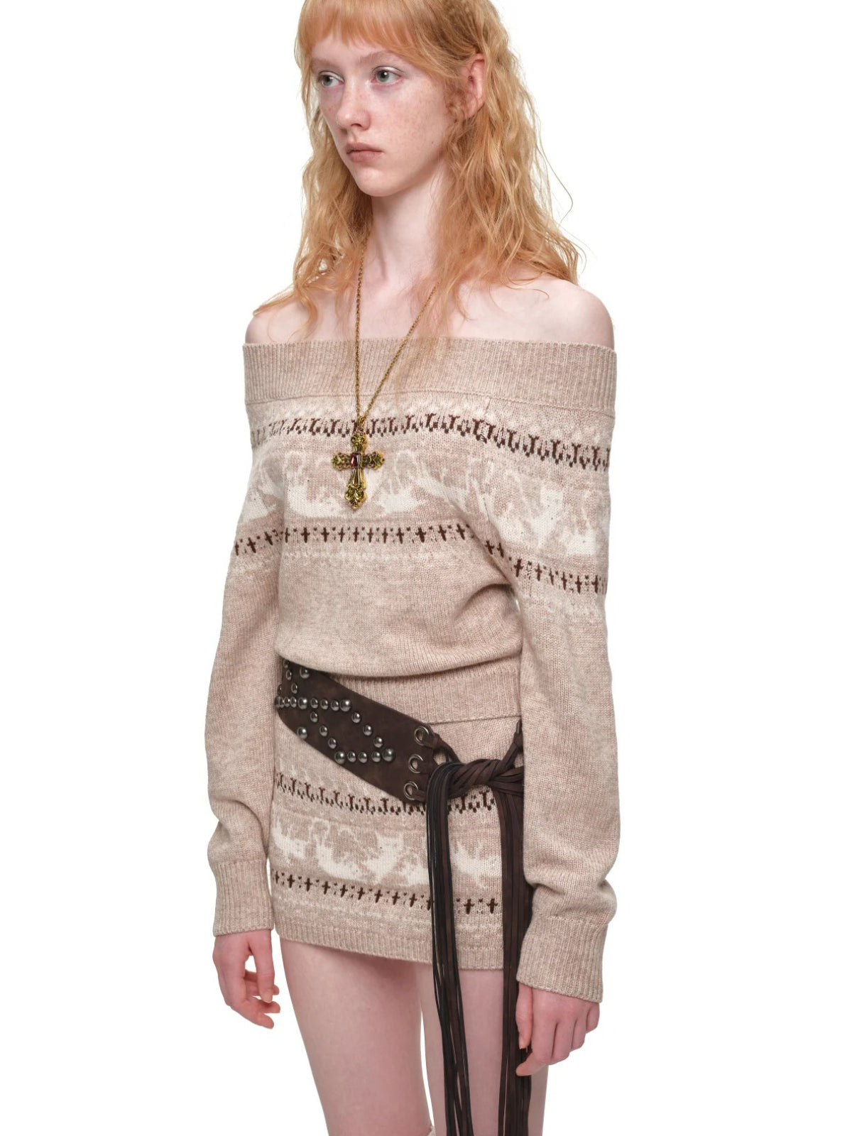 Fair Isle Cat Off-Shoulder Sweater