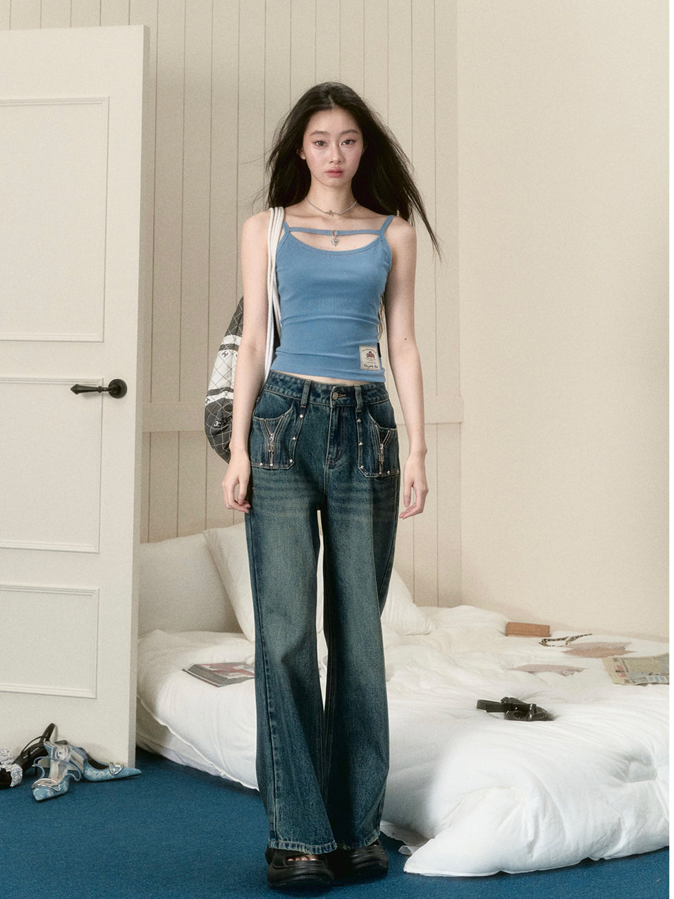 Dark Blue Straight-Leg Flared Jeans