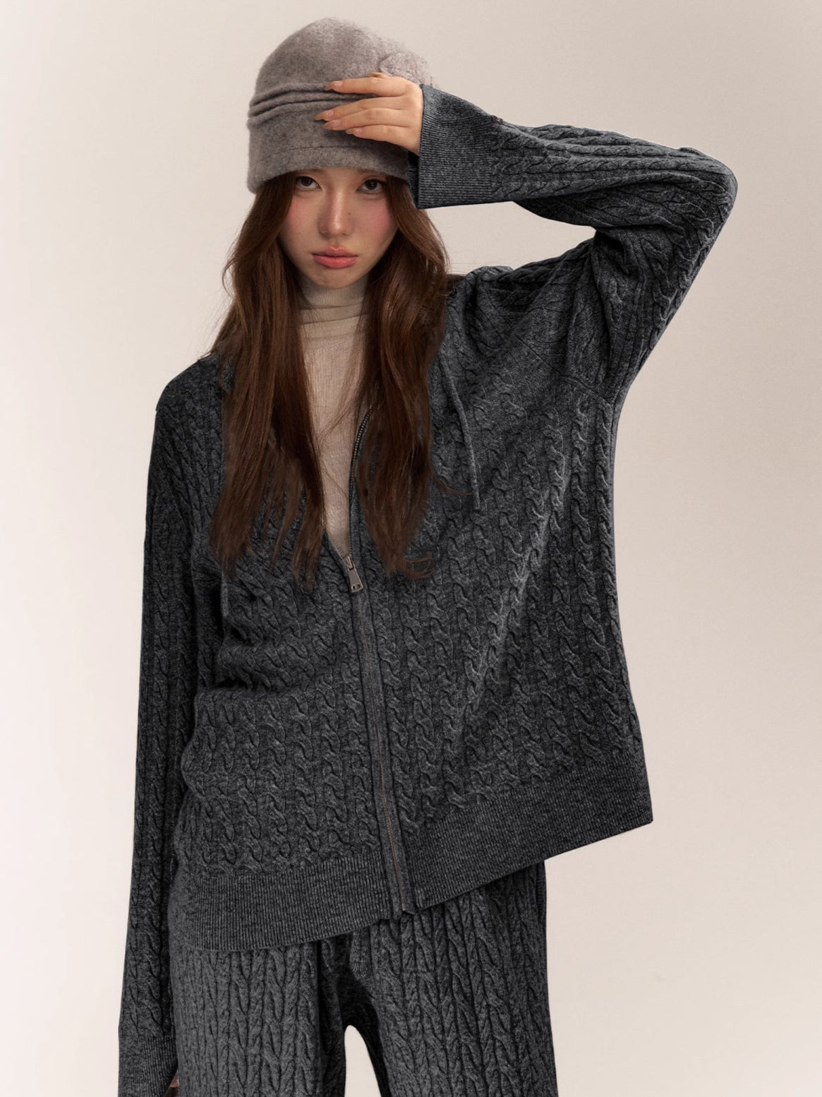 Wool Blend Hooded Knit Cardigan