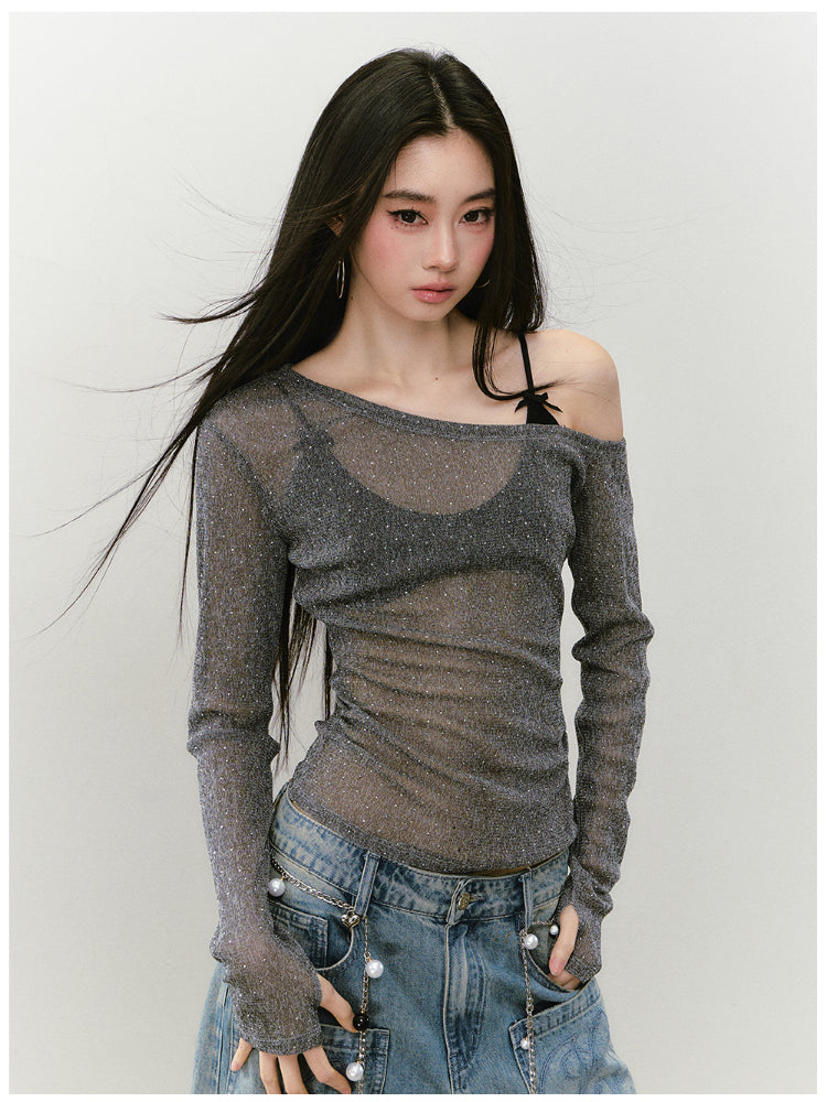 Hot-fix Rhinestone Asymmetric Shoulder Fitted T-shirt